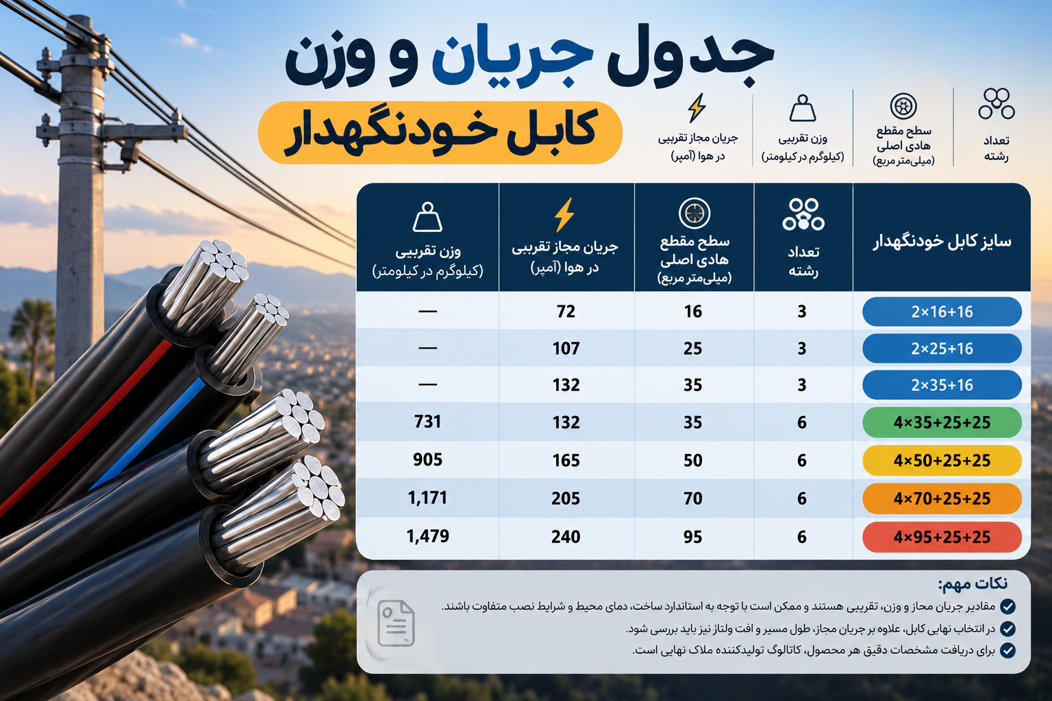 جدول جریان و وزن کابل خودنگهدار